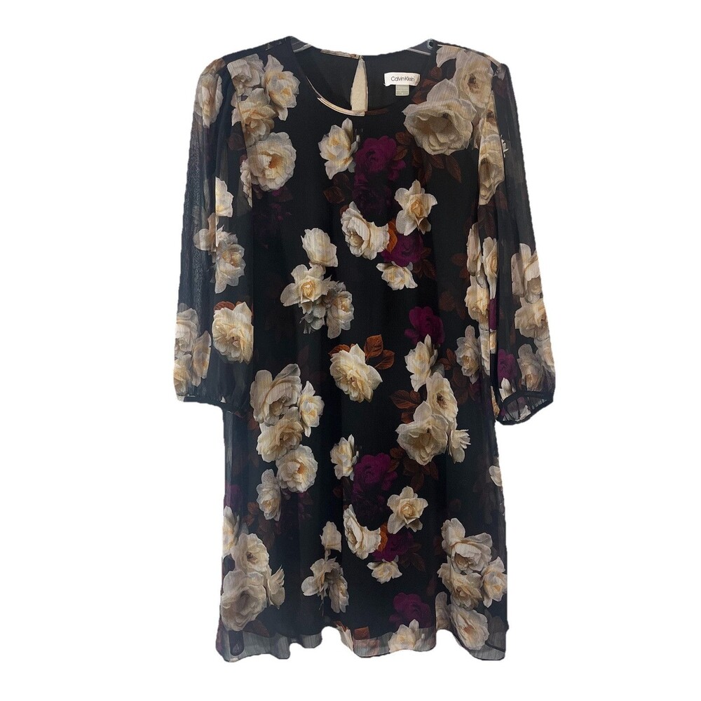 Calvin Klein Black Chiffon Floral Print Ruffle Bell Sleeve Shift Dress Size 6